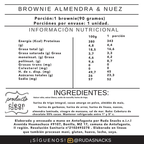 Brownie Almendra & Nuez, 90 gramos.